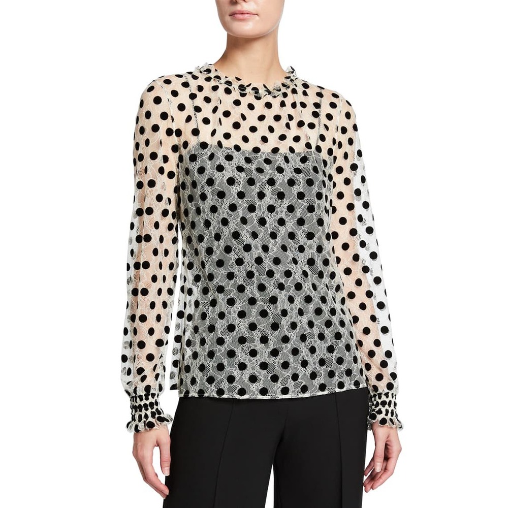 AKRIS PUNTO Ruffle Lace Floral Long-sleeve Dotted Blouse Size 4 NWOT